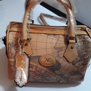 Allan Edward tan and rose leather map crossbody optional purse